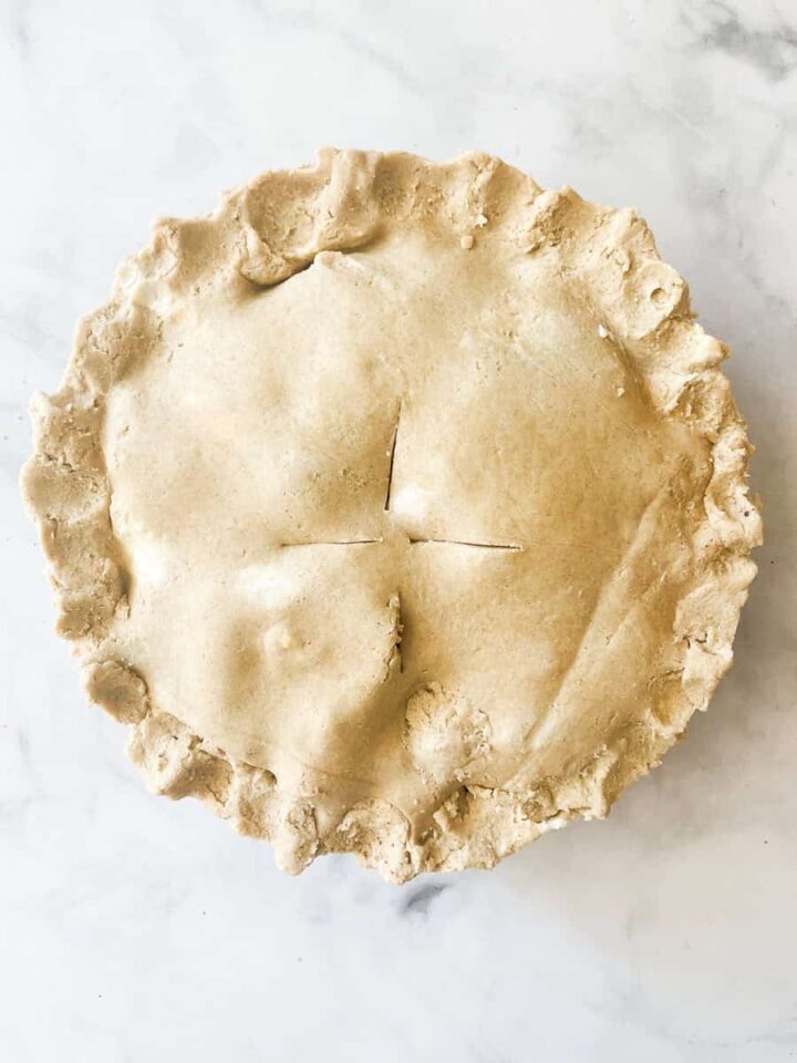 Delicious Gravenstein Apple Pie makes the most of the apple's short season. Make this pie when Gravs are in season - you won't regret it! The top crust is added and vents are cut.