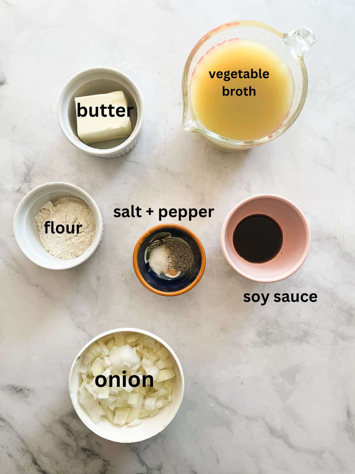 Savory and velvety smooth vegetarian gravy is a holiday must-make! Vegetarians and meat-eaters alike will love this sumptuous gravy. Ingredients for vegetarian gravy are labeled and portioned.