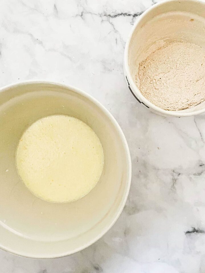 Fluffy whole wheat waffles made with whole grain flour, Greek yogurt, and melted butter! Perfect for a lazy weekend morning. Wet mix and dry mix for waffles.