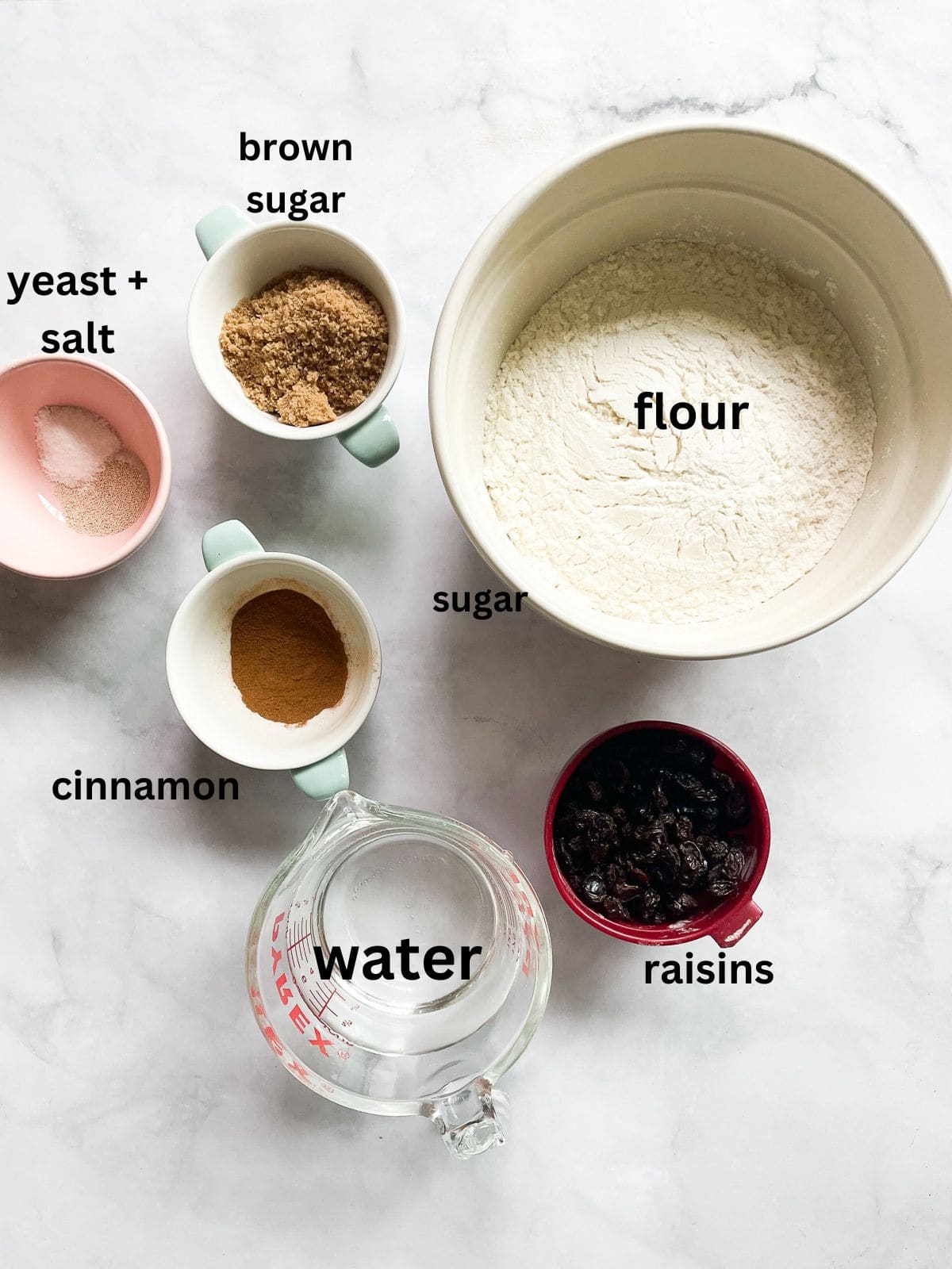 Easy no knead cinnamon raisin bread benefits from a long overnight rise and a bake in a hot Dutch oven! A fantastic recipe for beginners. Ingredients for cinnamon raisin bread are text-labeled.