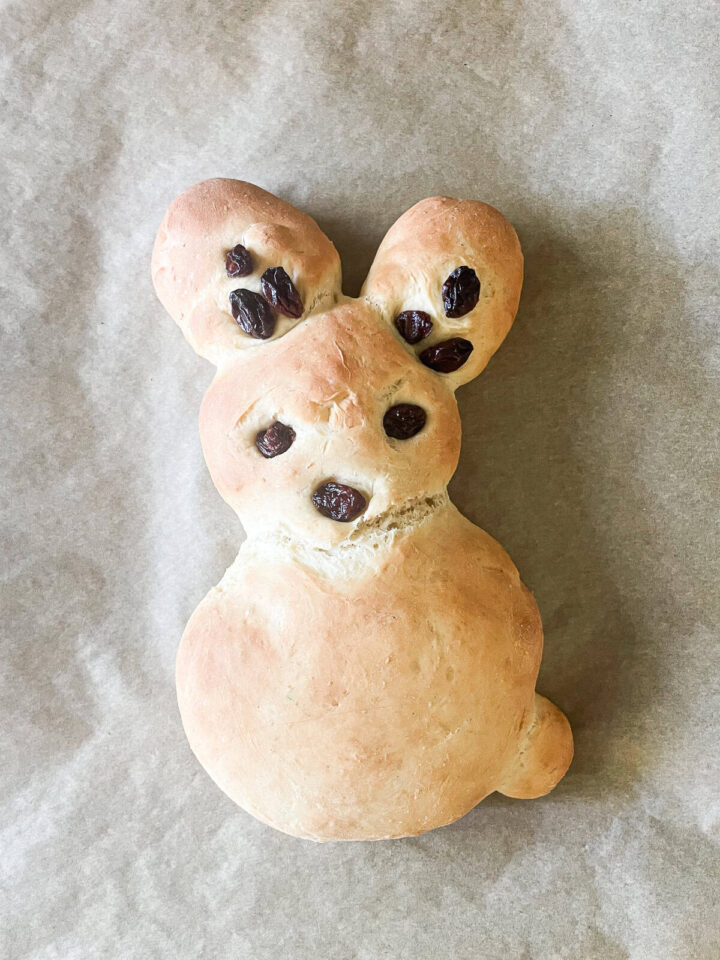 Kids love bunny bread that stars an easy, yeast-based dough that's simple to mix, fun to knead, and bakes up into the cutest golden bunnies. The bread cools on the pan.