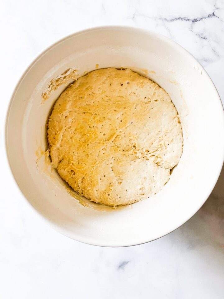 No knead whole wheat bread dough after rising overnight.