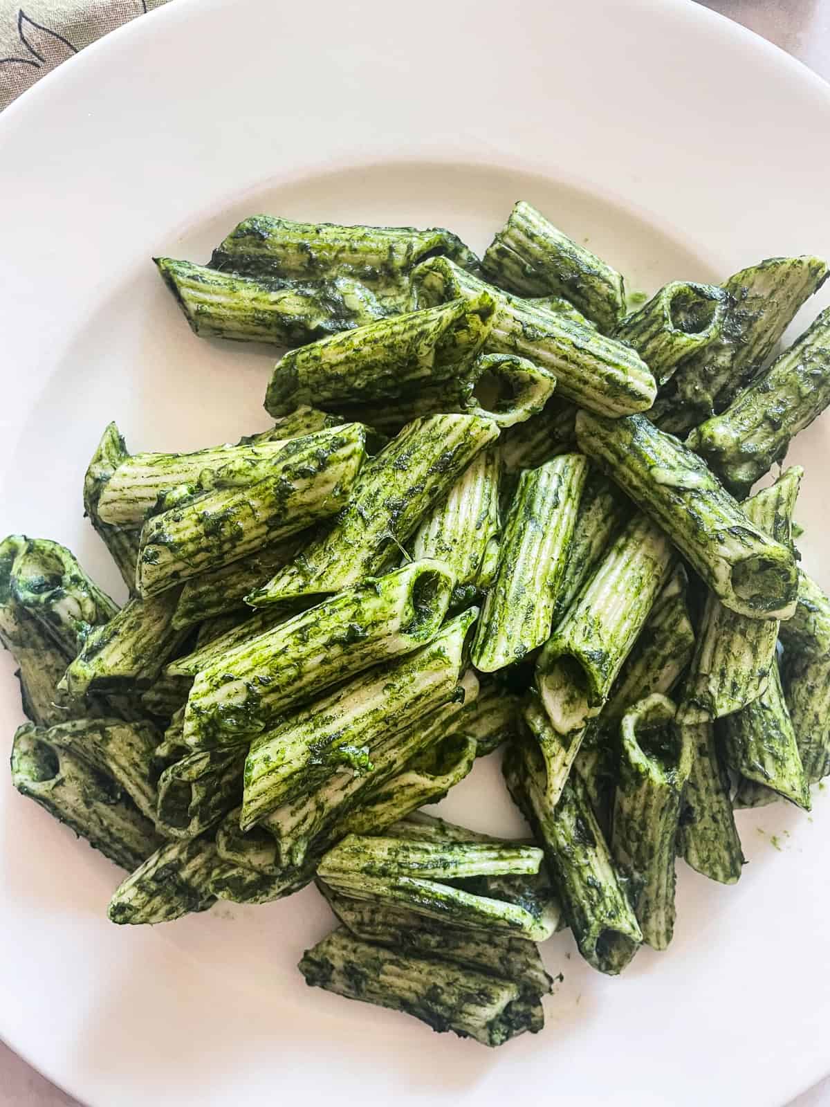 This easy, vegetarian kale pasta sauce is made from garlic sizzled in olive oil, bright green kale, and a bit of lemon zest for extra flavor. Pasta with kale sauce on a plate.