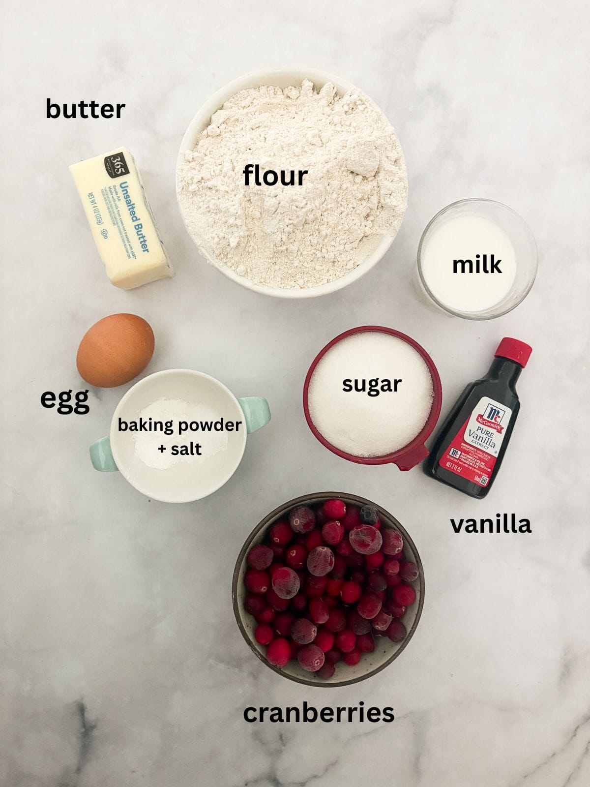 Studded with juicy berries, this sweet and soft cranberry cake is a lovely holiday bake. Great with brunch, or as dessert with ice cream. Ingredients for cranberry cake are text-labeled.